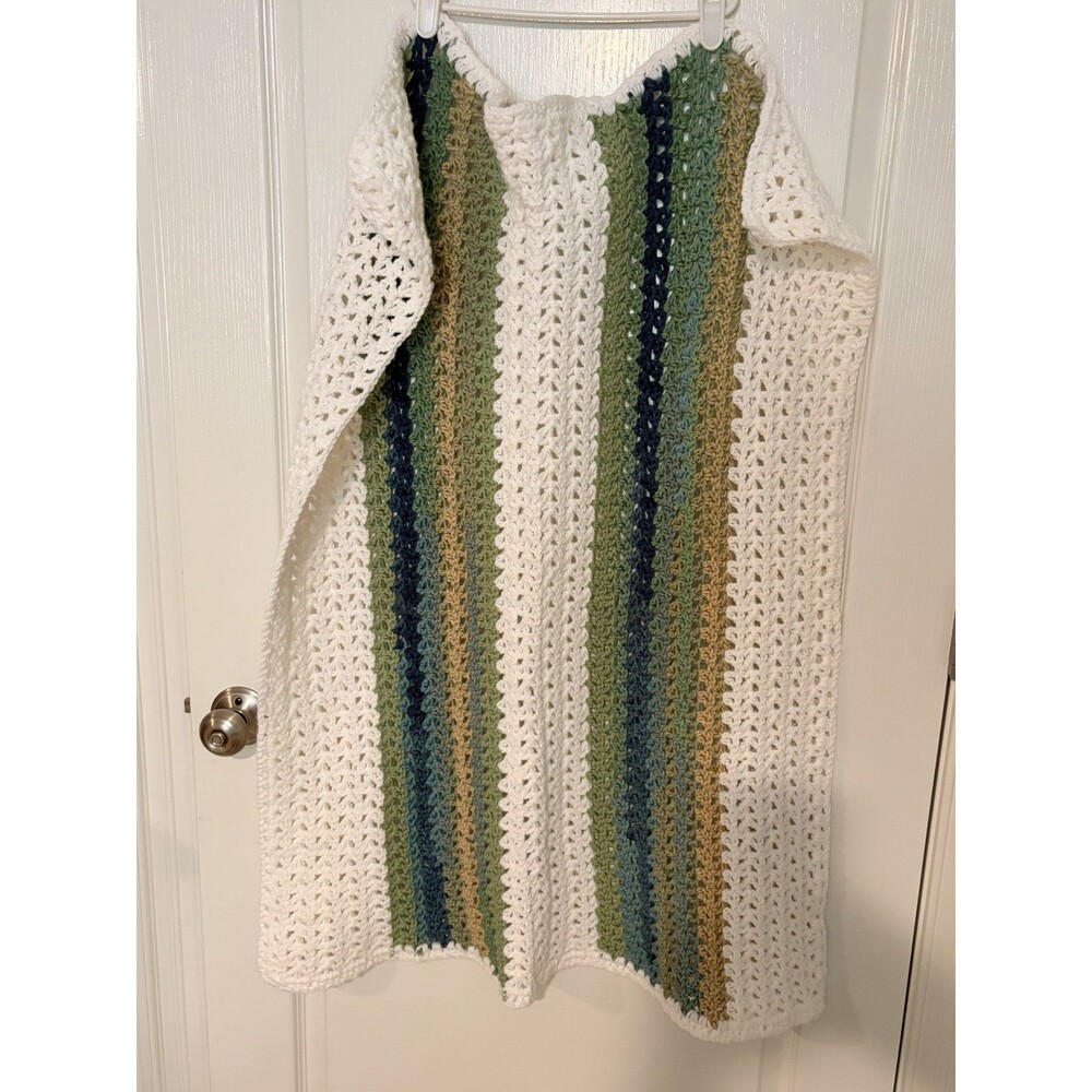Handmade Crochet Baby Blanket Blue Green White Brown Granny Rectangle 26"x36"